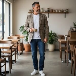 MAGE MALE Mens Check Blazer XL Tan Grey Brown Single Button Tweed Jacket NWT